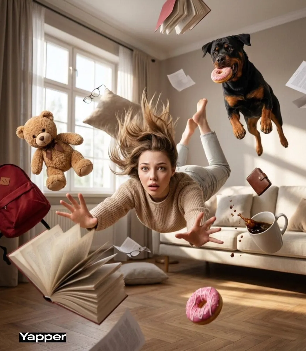 Cinematic surreal scene of a young woman falling forward through a swirling…