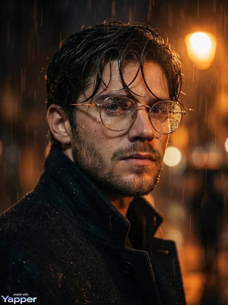 Cinematic close-up portrait of a young man standing in heavy rain at night,…