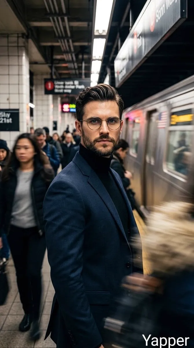 Cinematic portrait of a stylish man standing on a busy subway platform, wearing…