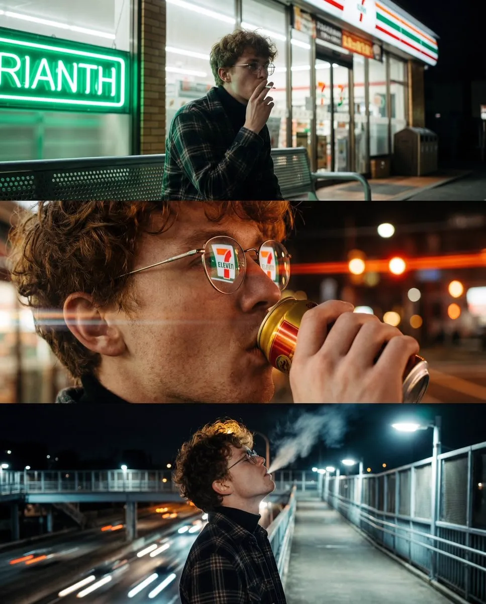 A vertical triptych of three cinematic, night-time urban photographs featuring…