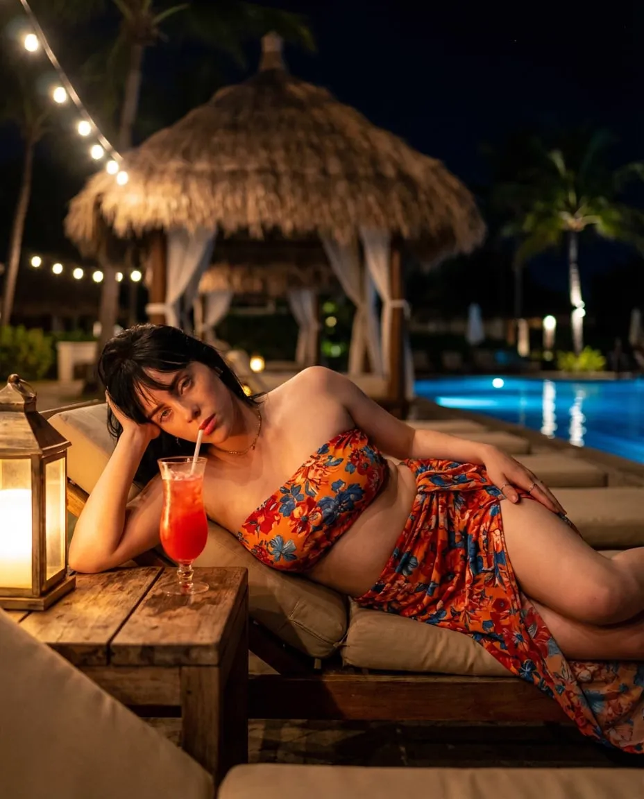 { "prompt": "A woman relaxing poolside at a tropical resort at night, lying on… — 4/4