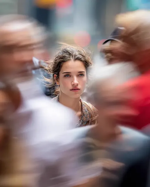 Model Looking at Camera, Close Up of Face, Busy New