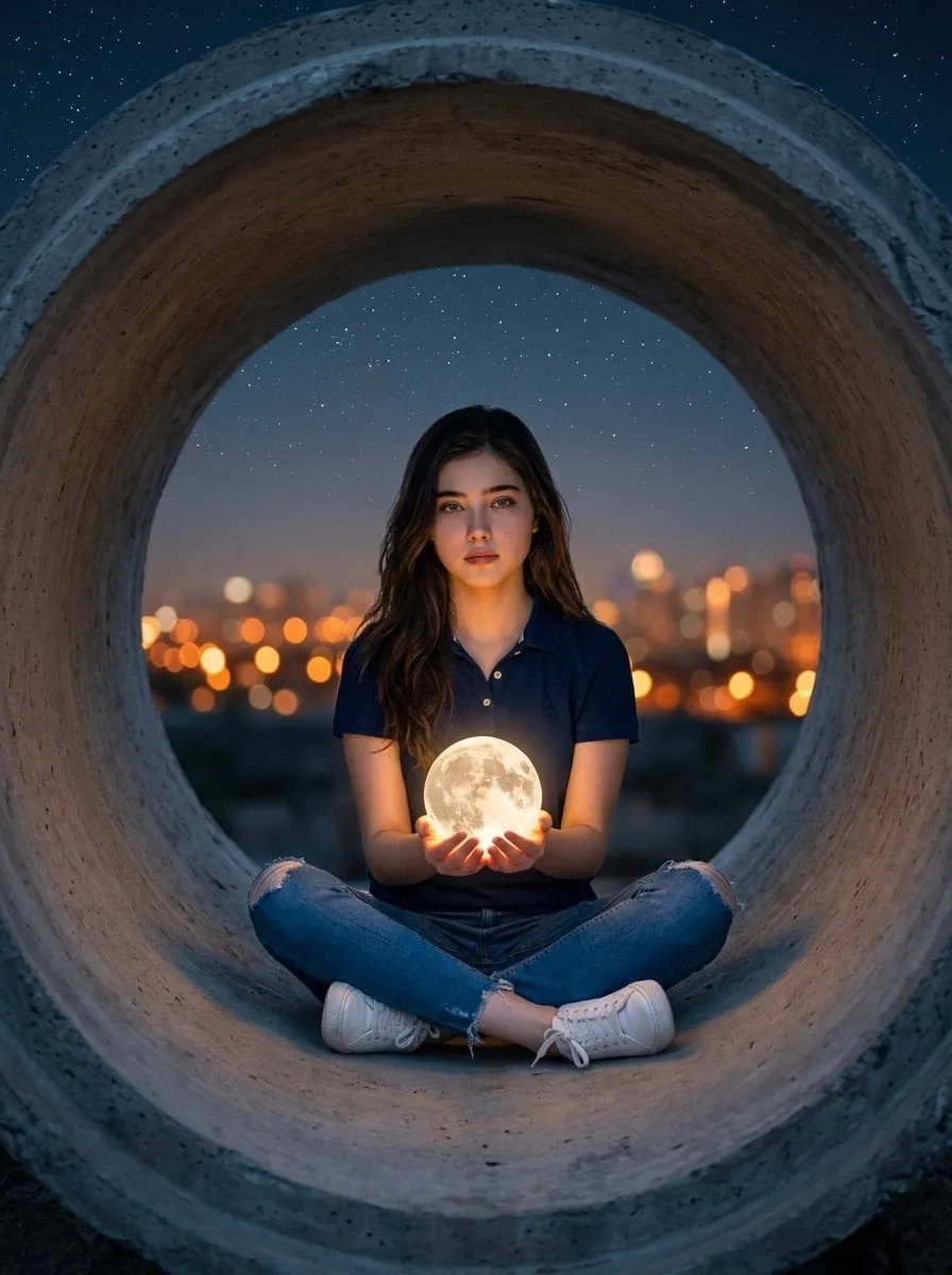 Hyper-realistic surreal photography of a woman sitting inside a massive, rough…