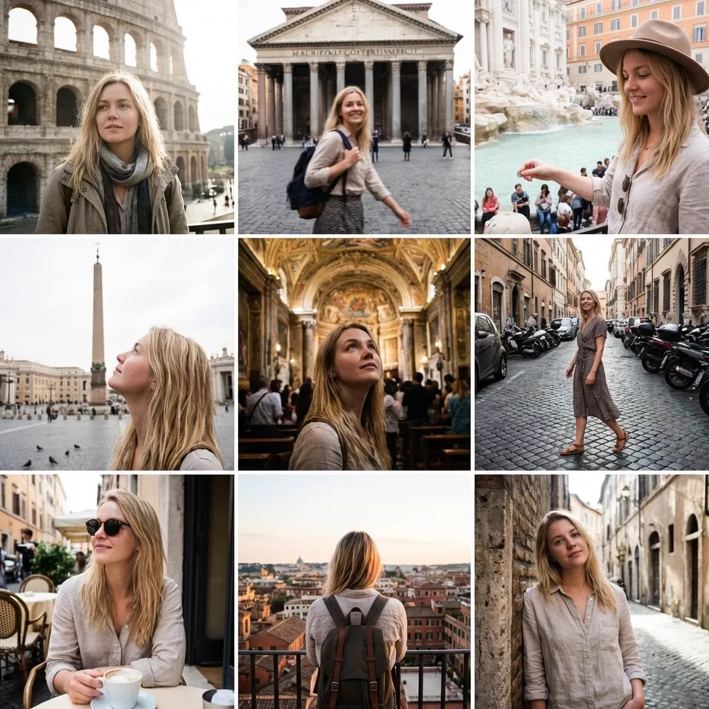 { "Objective": "Create a 3x3 Instagram-style grid of low-quality smartphone…