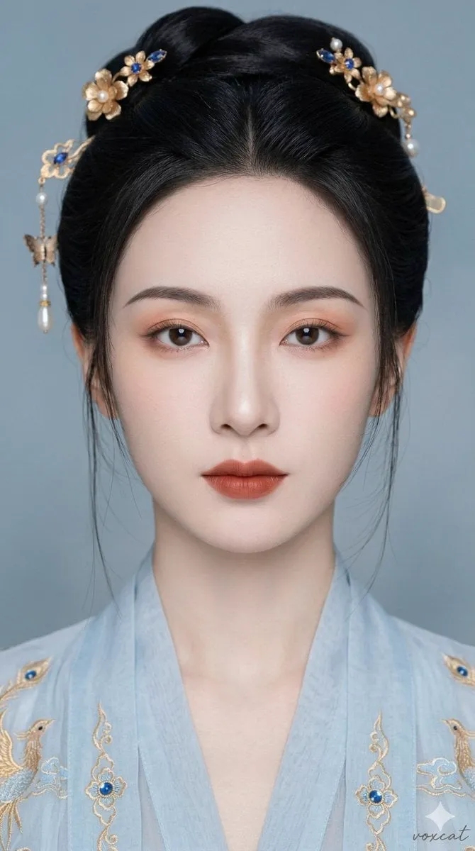 东方古风清雅女性正面肖像,超近景贴脸特写,人物正面面对镜头,头部端正,视线直视镜头,脸部几乎充满画面,构图集中,双眼位于视觉中心,整体呈现强烈的人脸主导感。…