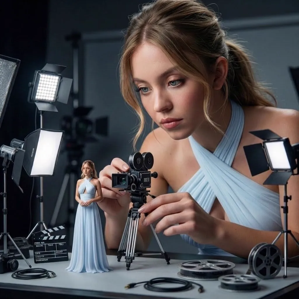 A hyper-realistic cinematic scene of a giant woman filmmaker carefully…