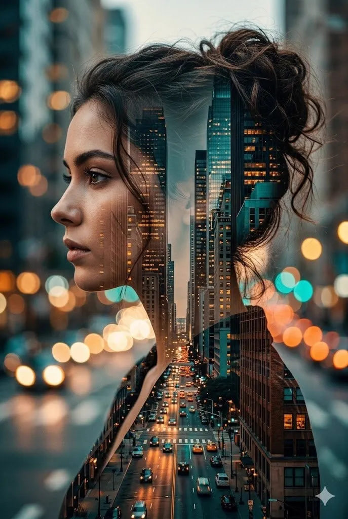 A cinematic double exposure portrait of a young woman hollywood actress in…