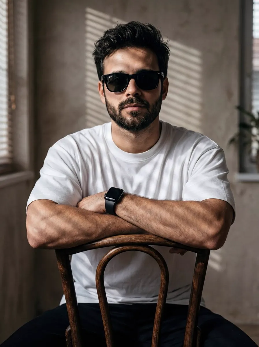 A high-resolution, cinematic portrait of a young man with messy, voluminous…