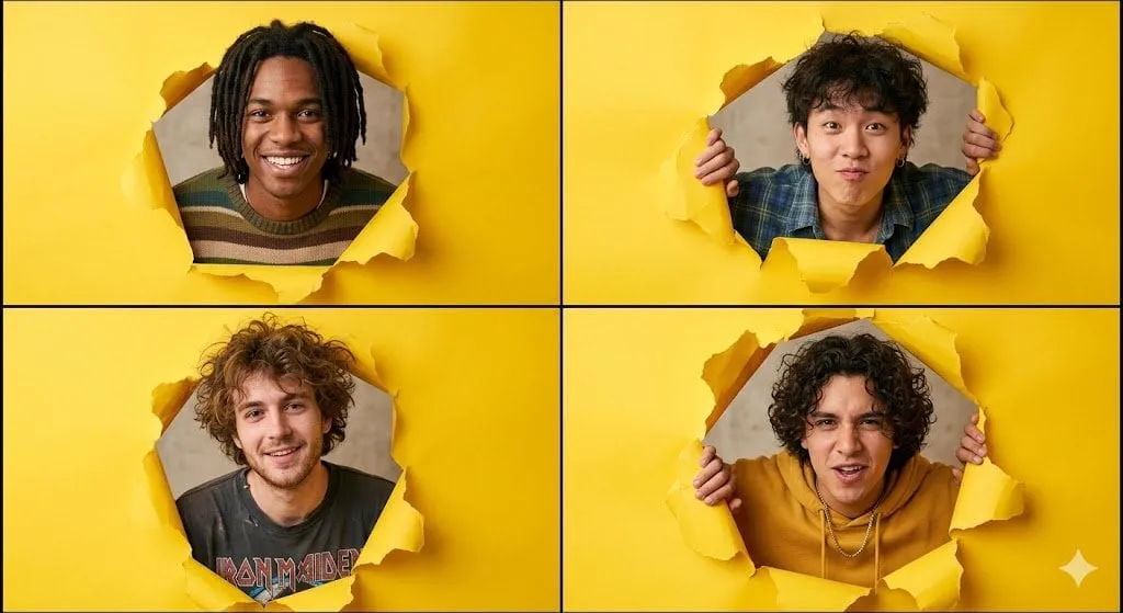 A high-resolution 2x2 grid collage of four individual portraits