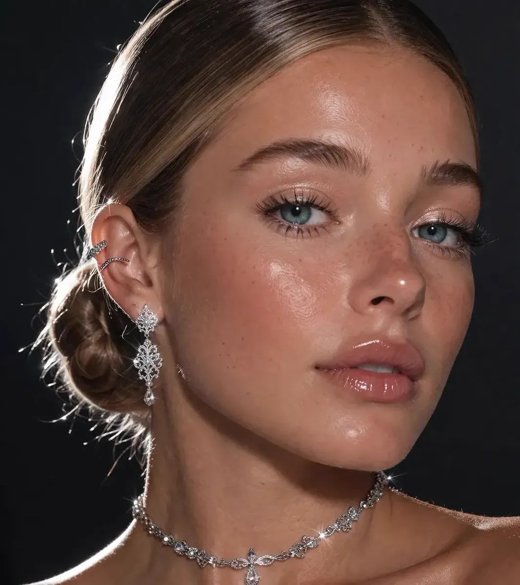 An extreme close-up focusing on a pretty lady's face and neck