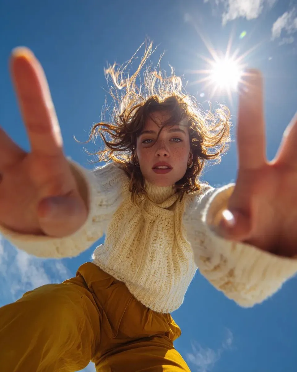 Ultra wide-angle low-angle portrait shot from ground perspective, young woman…
