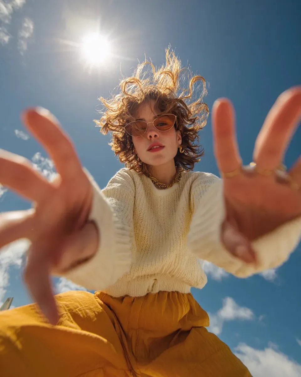 Ultra wide-angle low-angle portrait shot from ground perspective, young woman… — 2/2
