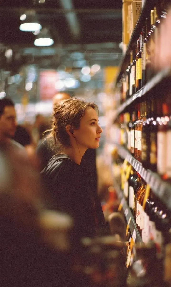 A cinematic side-profile portrait of a young woman standing in a grocery store…