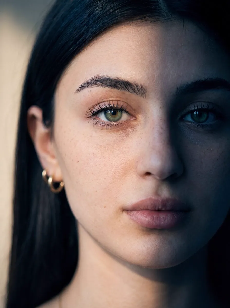 Ultra-realistic close-up portrait of a young woman with fair skin and subtle…