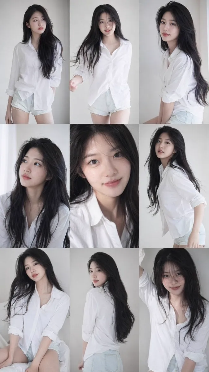 9:16 vertical — a 3x3 grid collage (nine images) forming a Korean idol portrait…
