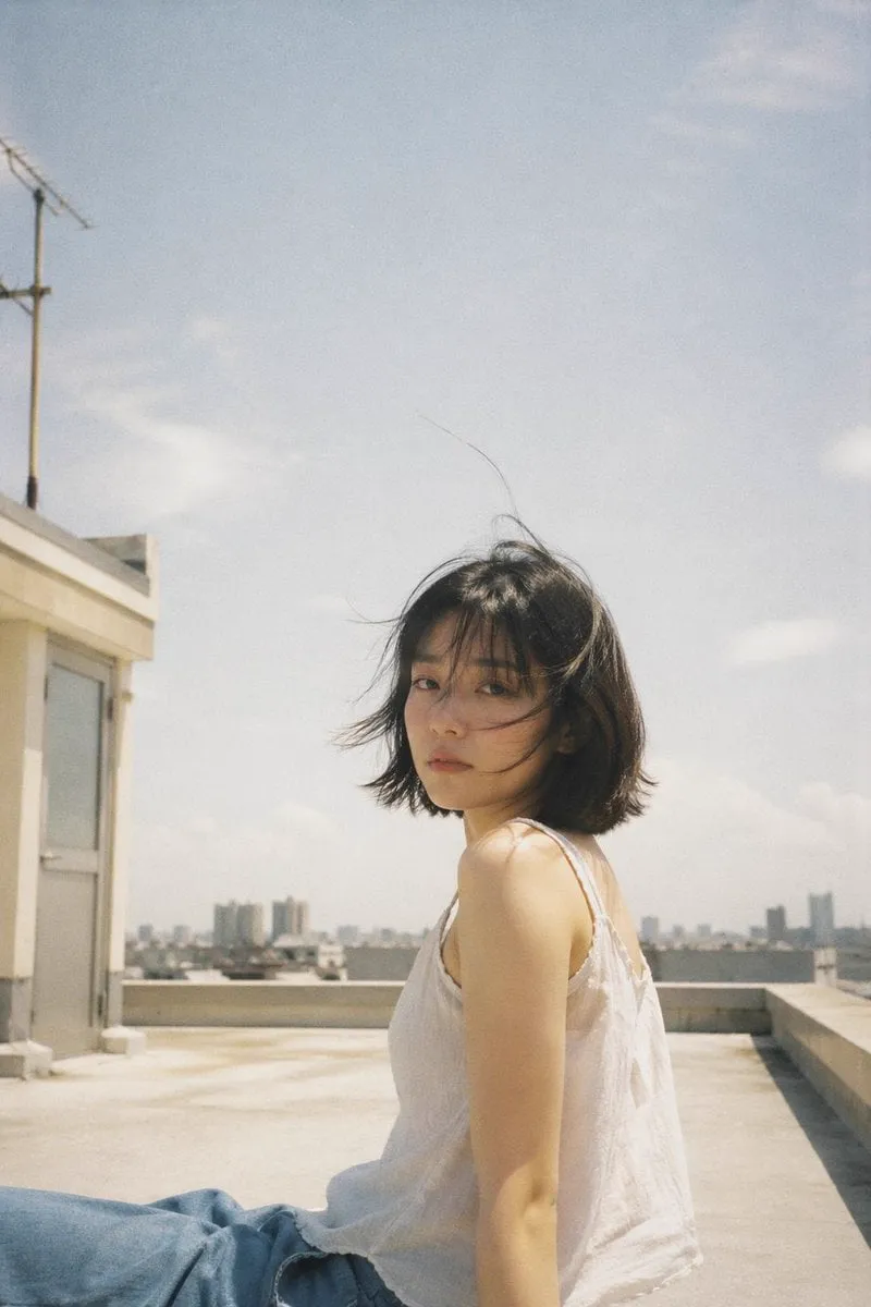 Japanese negative film aesthetic, rooftop summer scene, soft natural sunlight,…