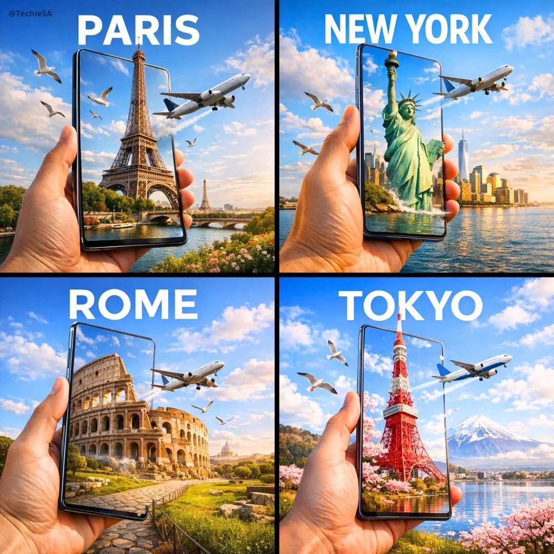 A hyper-realistic travel advertisement in square format (1080x1080), featuring…