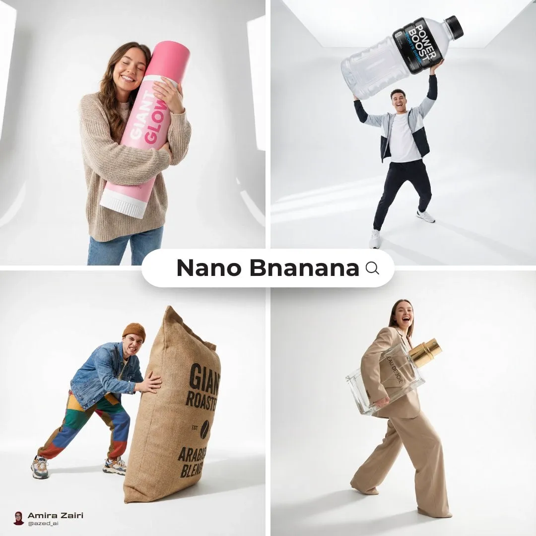 [person], [pose], oversized product in the attached image as the main hero…