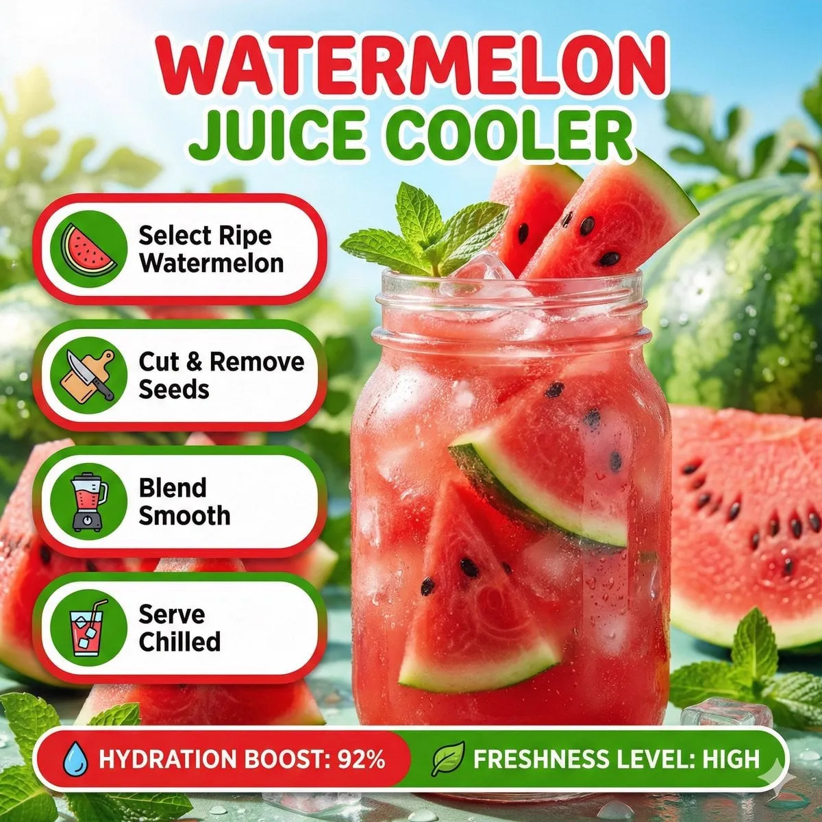 Bright summer infographic showcasing watermelon juice, icy texture, watermelon… — 1/2