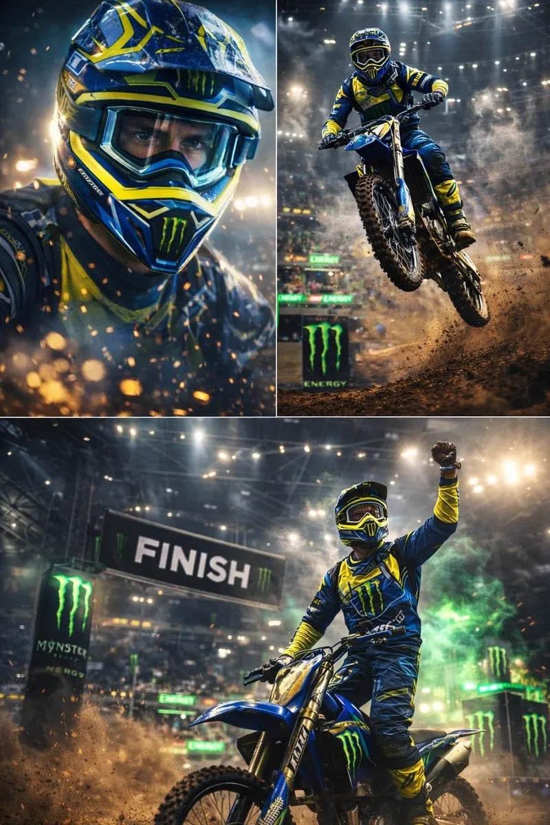 Ultra-dynamic motocross racing scene featuring a professional dirt bike rider…