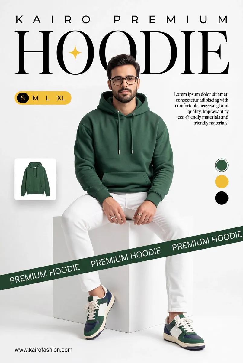 A professional commercial fashion advertisement featuring [a young male model]…