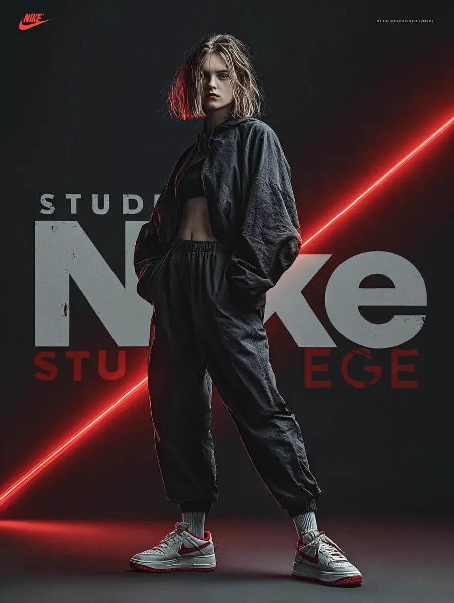 A dynamic fashion advertisement for Nike showing a hyper-realistic model…
