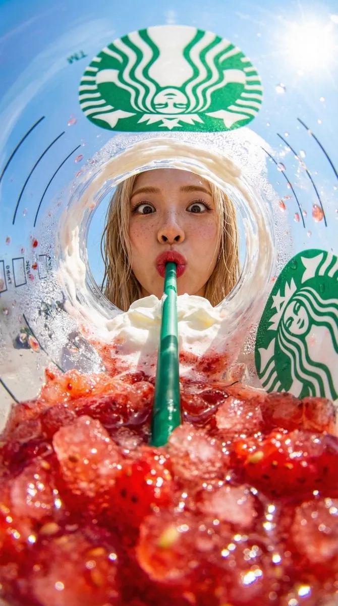{ "prompt": "View from inside a Starbucks strawberry frappuccino cup looking… — 1/2