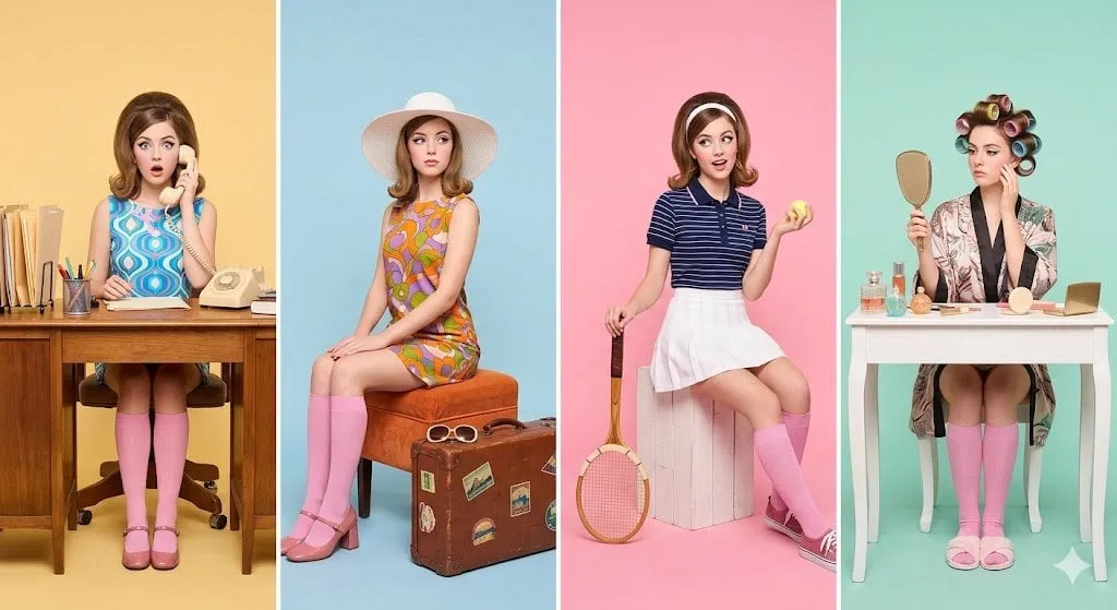A retro-inspired studio photoshoot featuring a young woman styled in four…