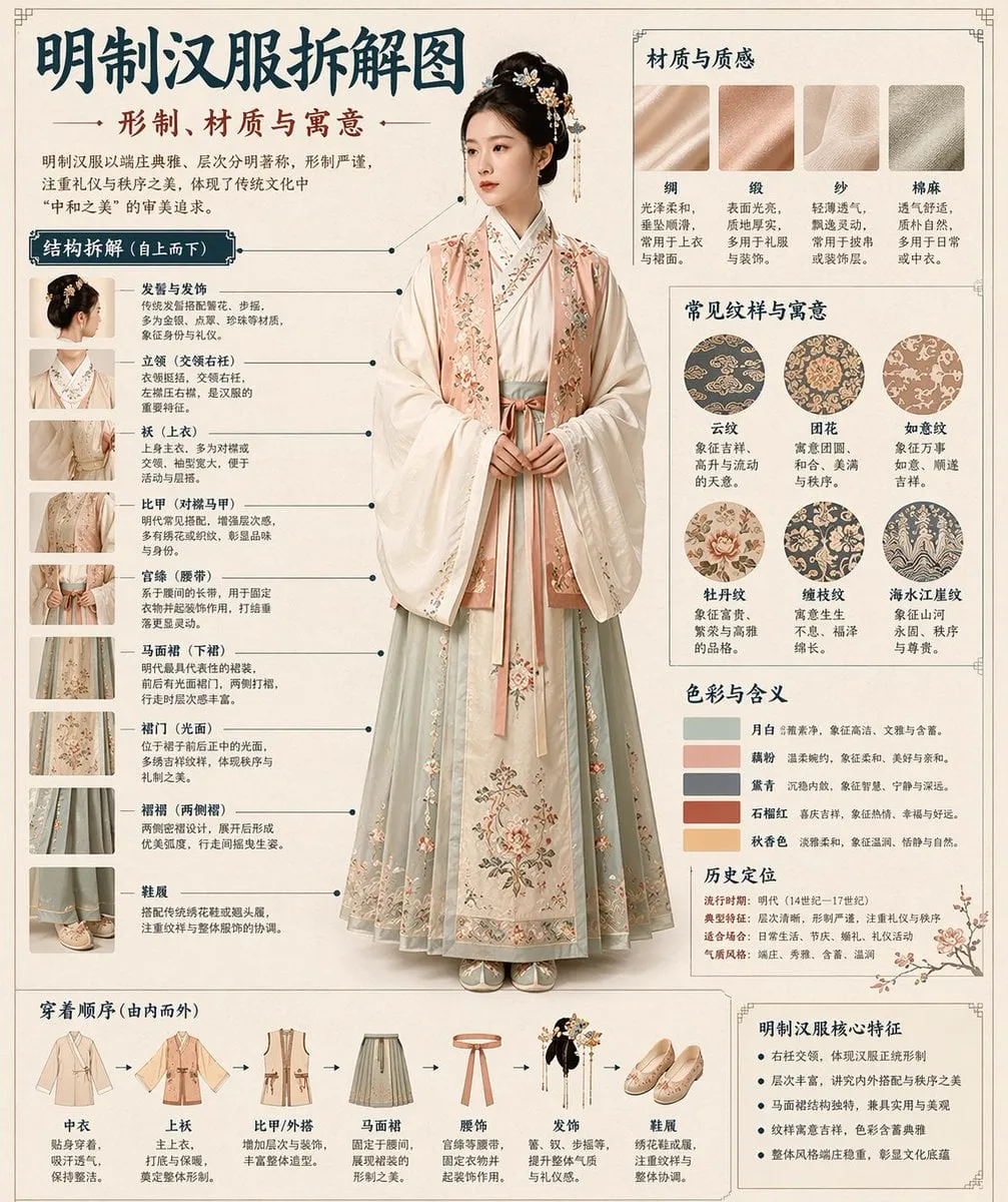 请根据[主题]自动生成一张[博物馆图鉴式中文拆解信息图]。 要求整张图兼具真实写实主视觉、结构拆解、中文标注、材质说明、纹样寓意、色彩含义和核心特征总结。你需要…
