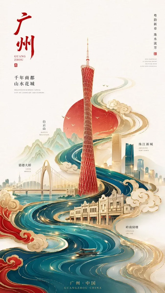 新中式极简风格高端城市海报，9:16竖版构图，以广州为核心主题，画面中心为抽象几何化的广州塔，造型简洁但具有辨识度，…