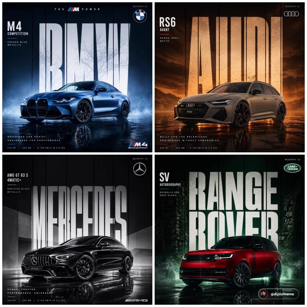 Cinematic automotive billboard poster, [CAR MODEL + VARIANT] in [PAINT COLOR +…