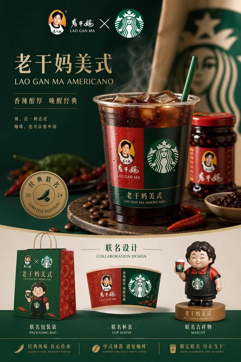 生成完整高端的品牌运营图 ，产品是老干妈和星巴克的联名款：老干妈美式，中间是主图，下面放一些联名的设计，包装袋、杯套以及吉祥物。
