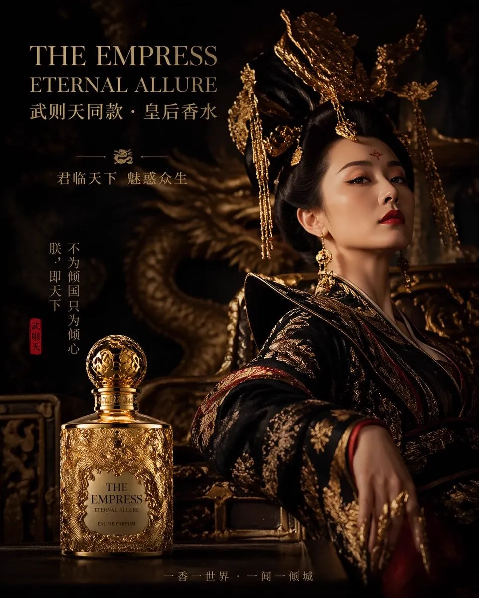 武则天同款皇后香水广告，龙纹金瓶，暗黑宫廷氛围感大片
