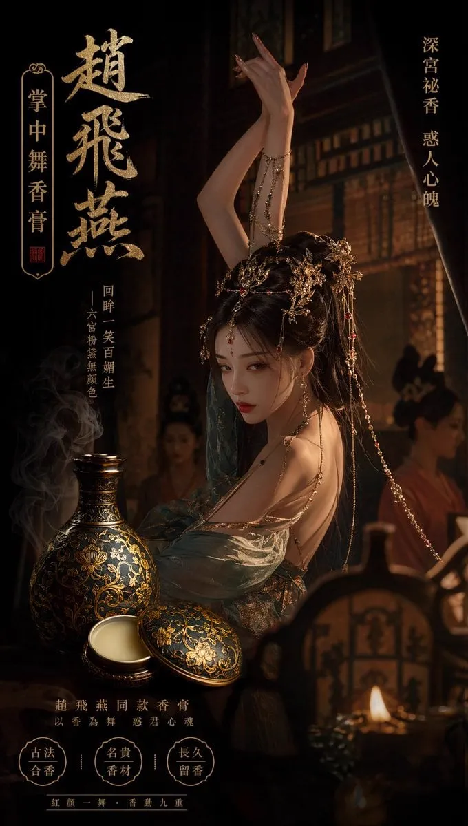 赵飞燕同款掌中舞香膏广告，错金缠枝莲铜瓶，冷艳诡谲深宫氛围感，竖屏9:16