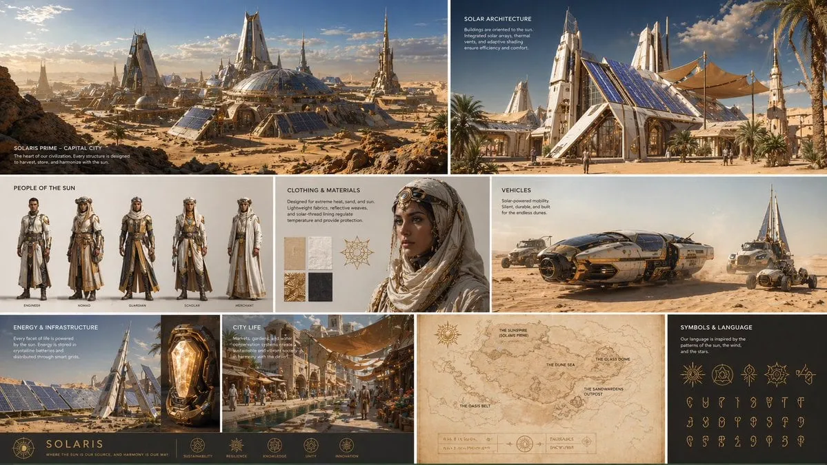 Create a complete visual worldbuilding set for a futuristic desert civilization…