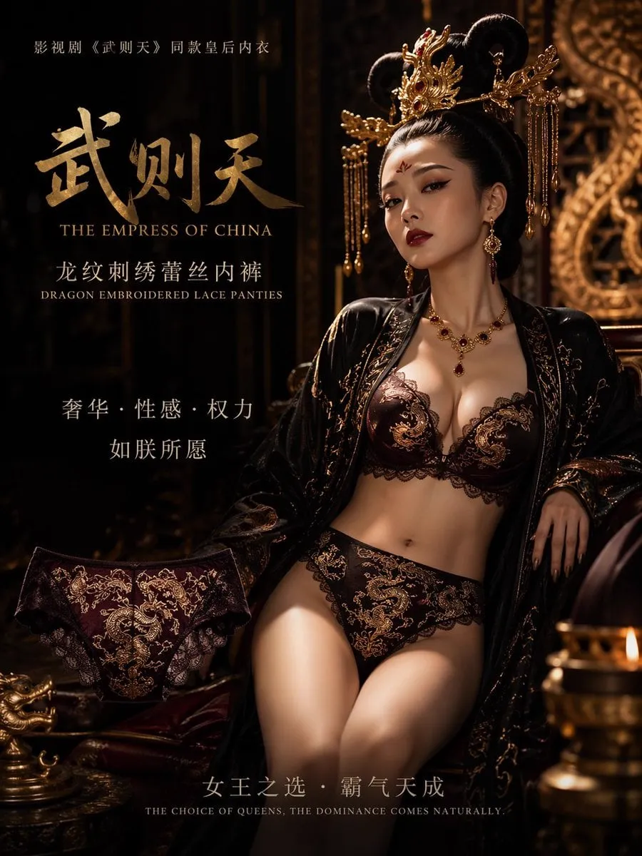 武则天同款皇后内衣广告大片,明黄底色龙纹刺绣,大红丝绸飘带衬托 — 2/2