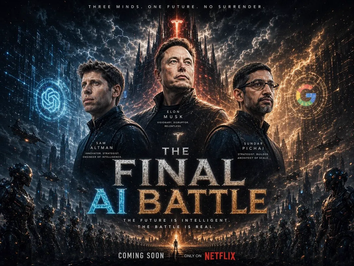 A cinematic epic sci-fi fantasy movie poster featuring three powerful tech… — 4/4