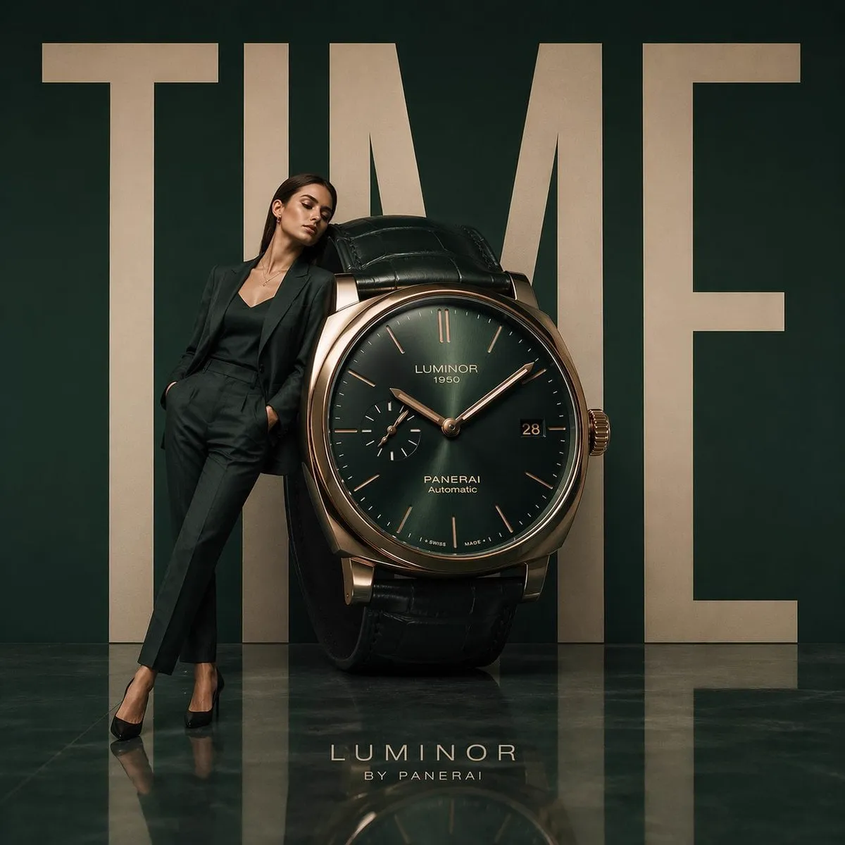 Minimalist luxury watch campaign, oversized wristwatch positioned like modern…