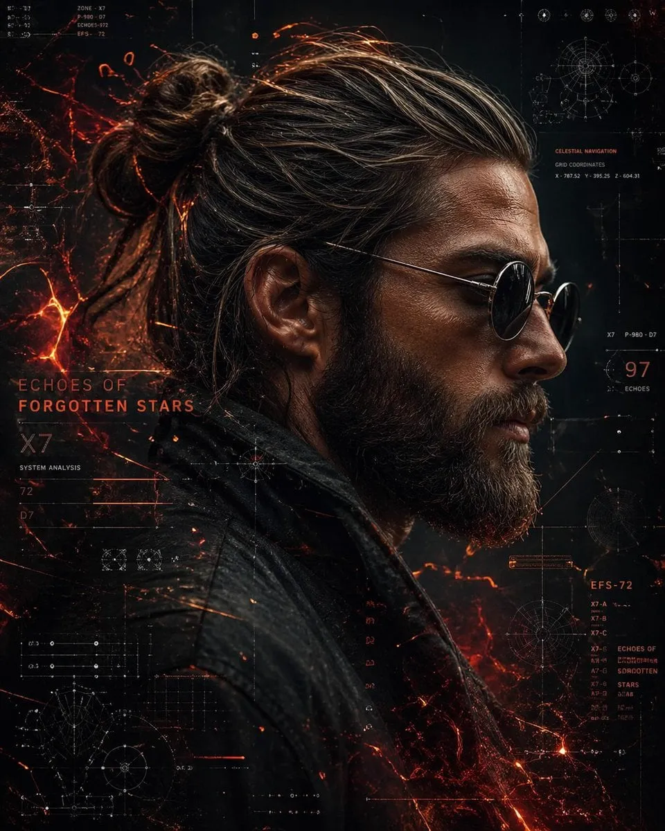 A cinematic side-profile portrait of a rugged man with a tied-back bun and full…