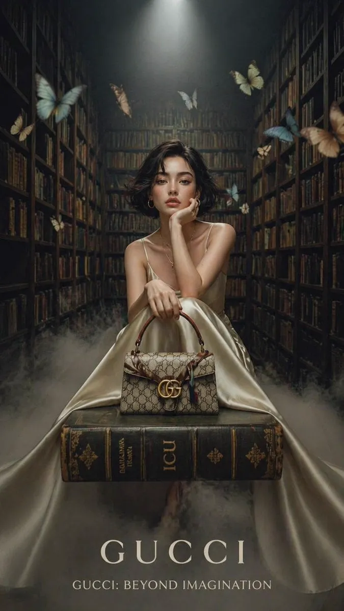 A cinematic luxury fashion editorial set inside a grand vintage library with…