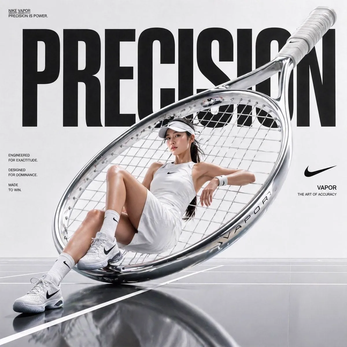 Avant-garde sports fashion advertisement, oversized tennis racket positioned…