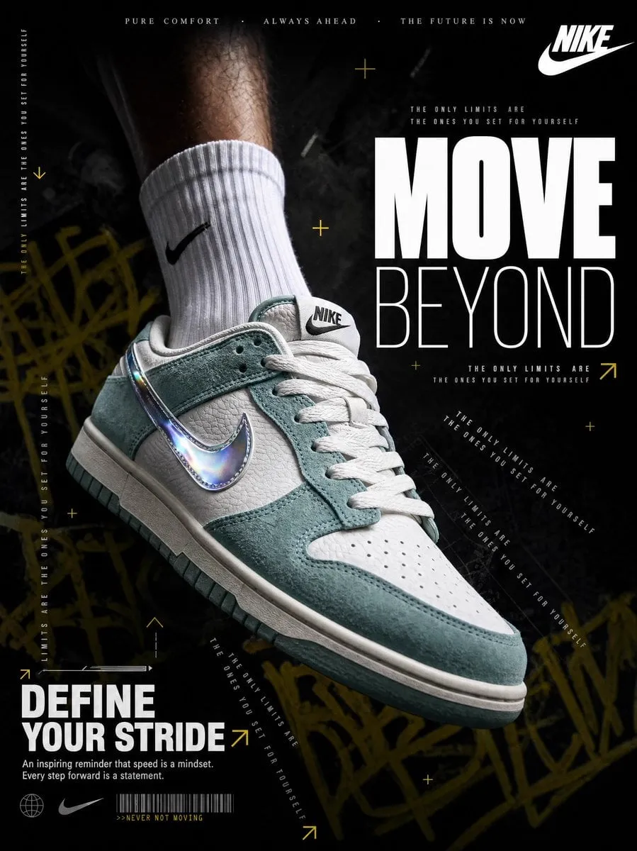 A hyperrealistic Nike sneaker advertisement shot in a dark, moody editorial…