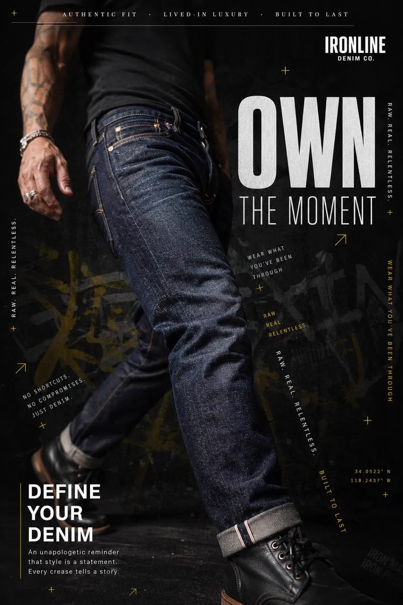 A hyperrealistic premium denim advertisement shot in a dark, moody editorial…