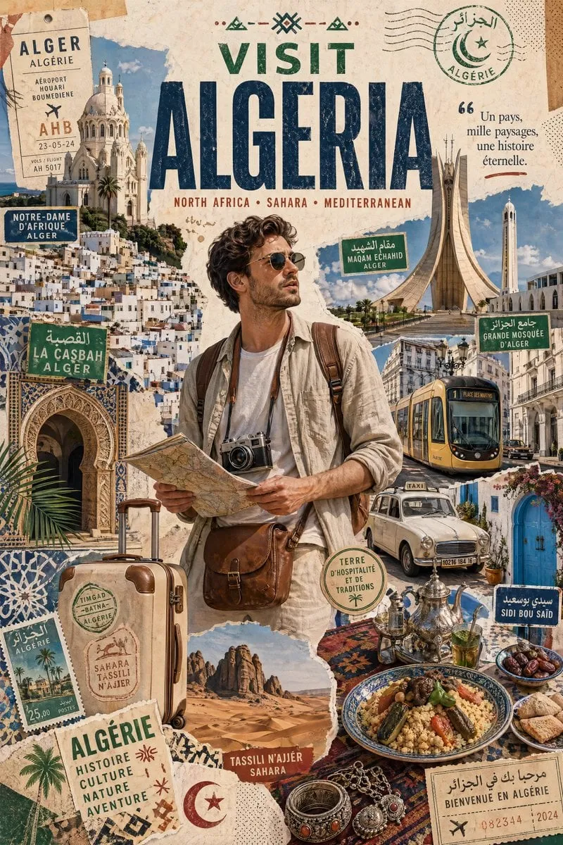 Create a stylized travel poster / graphic collage for [ALGERIA]