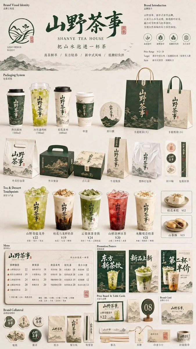 生成一张[餐饮品牌触点矩阵]系列视觉图，用于展示一个完整的餐饮品牌视觉系统与包装应用方案。 这是一个面向餐饮行业的品牌VI样机展示板 / 包装系统陈列图 /…