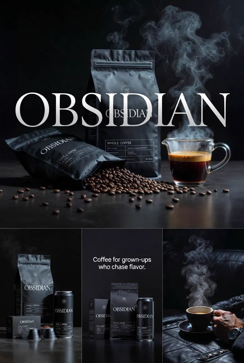 Create four connected premium realistic editorial images for OBSIDIAN coffee