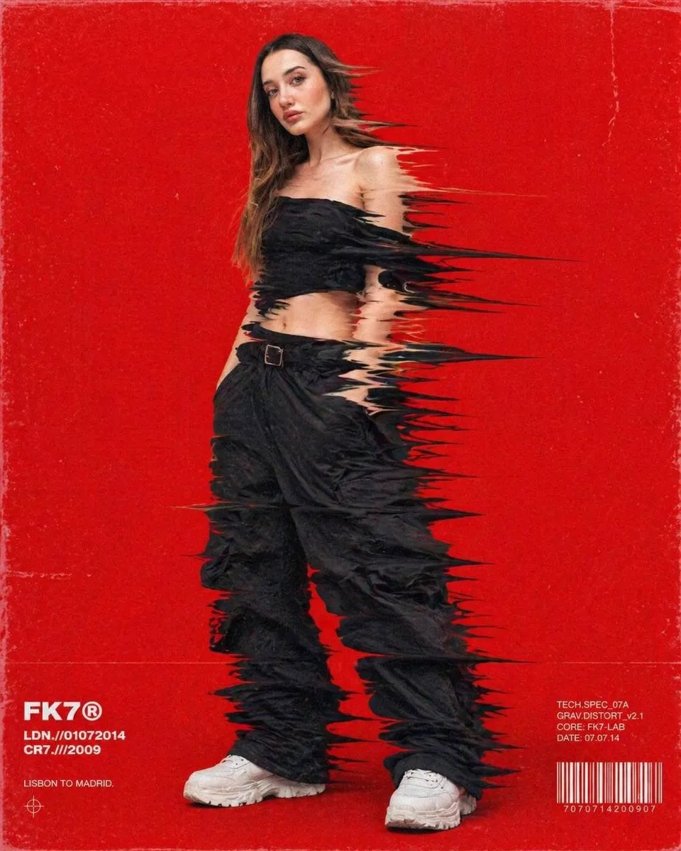 Hip-hop fashion model standing full-frame, clothing distorted into stretched… — 2/4