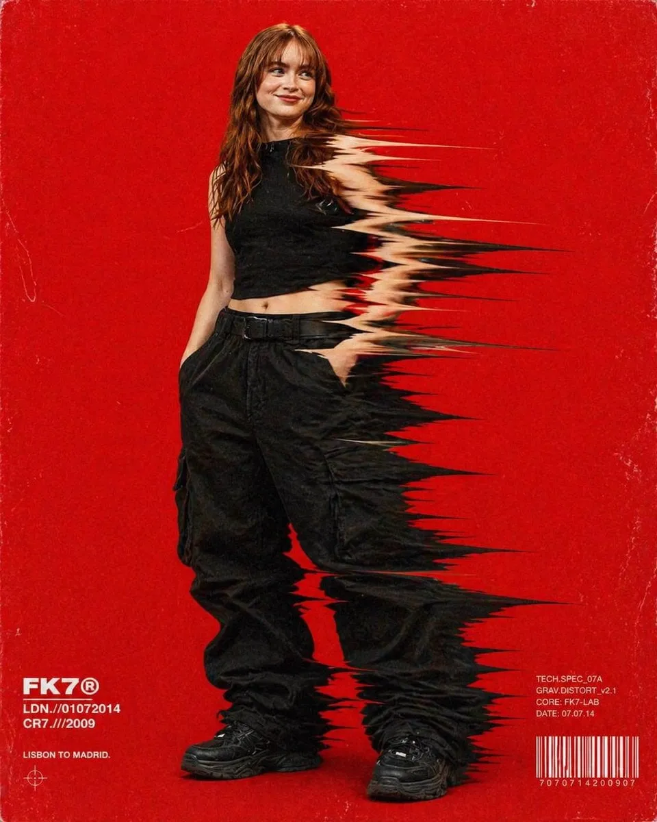 Hip-hop fashion model standing full-frame, clothing distorted into stretched… — 3/4