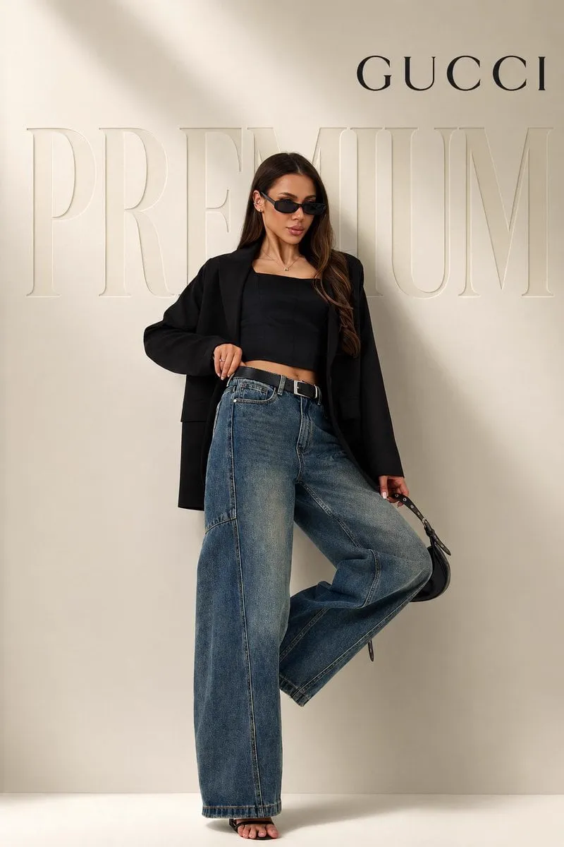 full body female model in confident fashion pose (one leg slightly raised,…