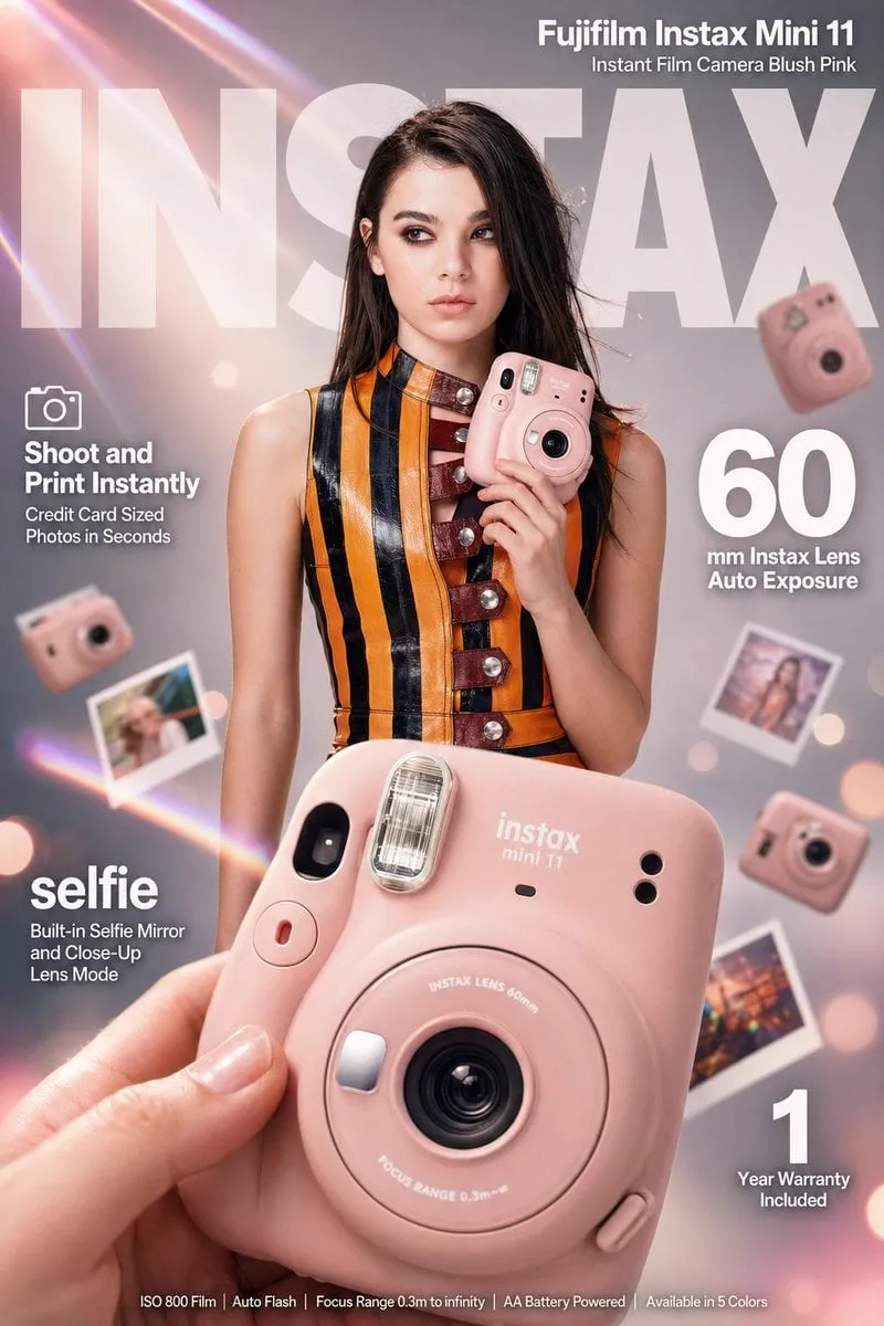 High-impact e-commerce infographic advertisement for "Fujifilm Instax Mini 11"…